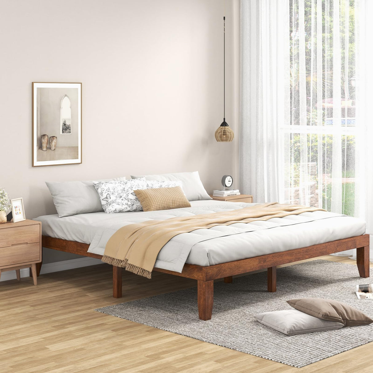 KOMFOTT 14-Inch Solid Rubber Wood King Size Platform Bed Frame - Brown Cherry KOMFOTT