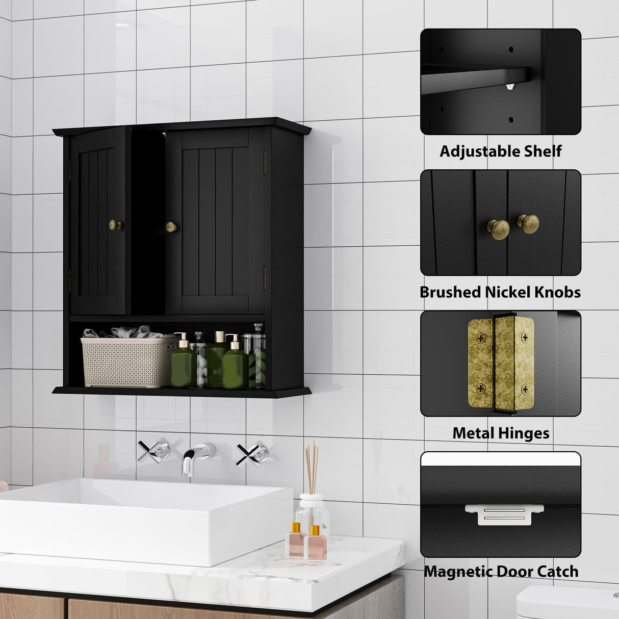 Mino Kesper Bathroom Wall Cabinet, Bathroom Cabinet Wall Mount with 2 Doors and Open Shelf, Over The Toilet Wall Storage, Wooden Medicine Cabinets Mino Kesper