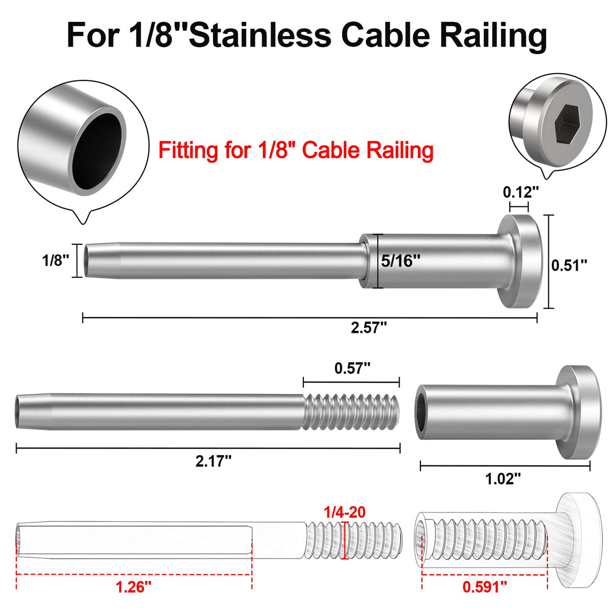BLIKA 40 Pack Invisible Cable Railing Kit, T316 Stainless Steel 1/8" Invisible Receiver and Swage Stud End for Cable Railing, Swage Tensioner 1/8" for Wood/Metal Post, Cable Railing Hardware BLIKA