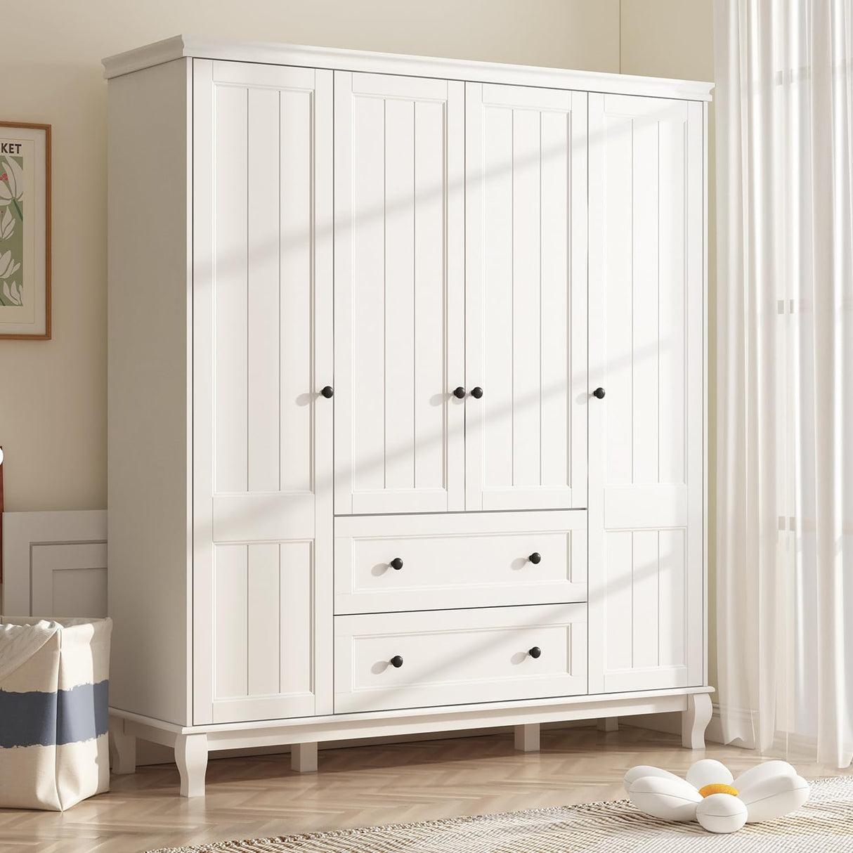 ECACAD 4 Door Wardrobe Closet Armoire with 2 Drawers, Multi-Tier Storage Shelves & Hanging Rods, 63”W Wooden Clothes Storage Cabinet with Solid Legs for Bedroom, White ECACAD