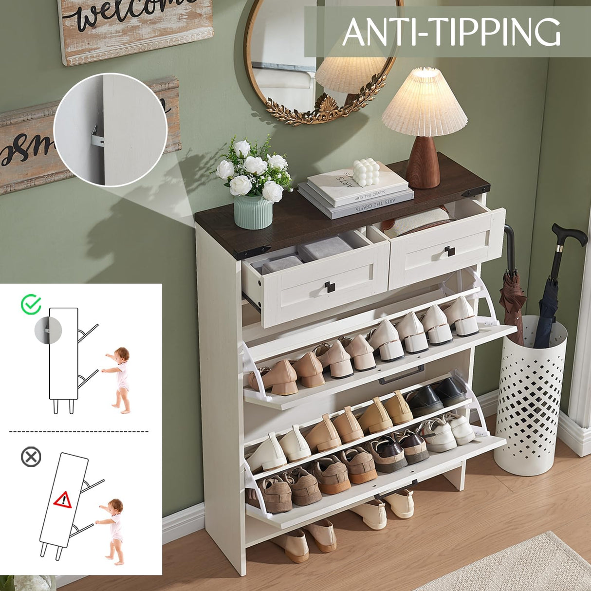 Barnyatoh Shoe Cabinet Storage for Entryway, Farmhouse Hidden Shoe Organizer with 2 Flip Drawers & 2 Drawers,Narrow Shoe Rack for Front Door Entrance with Adjustable Shelves (Antique White) Barnyatoh