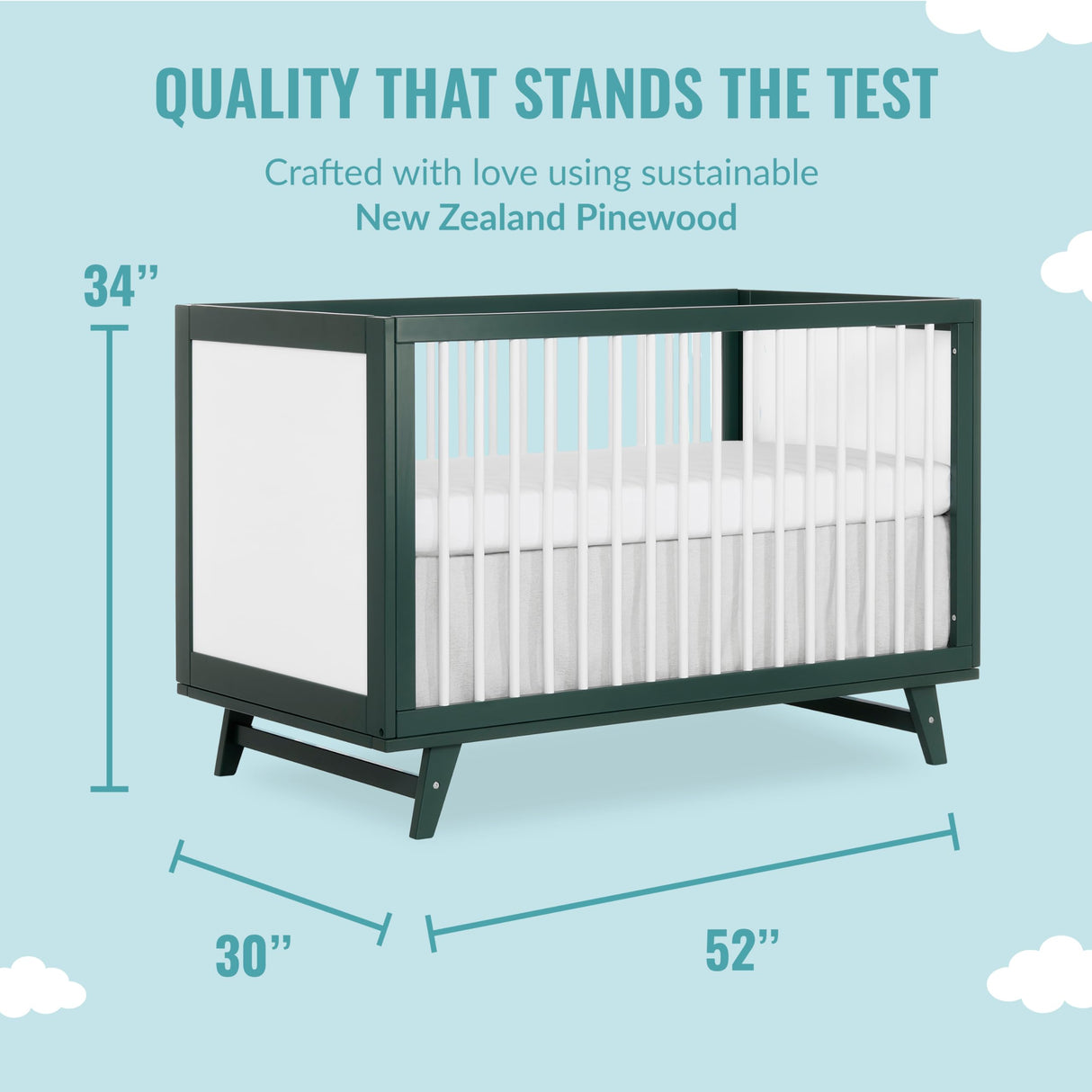 Dream On Me Carter 5-in-1 Full Size Convertible Crib / 3 Mattress Height Settings/JPMA Certified/Made of New Zealand Pinewood/Sturdy Crib Design, Olive & White Dream On Me