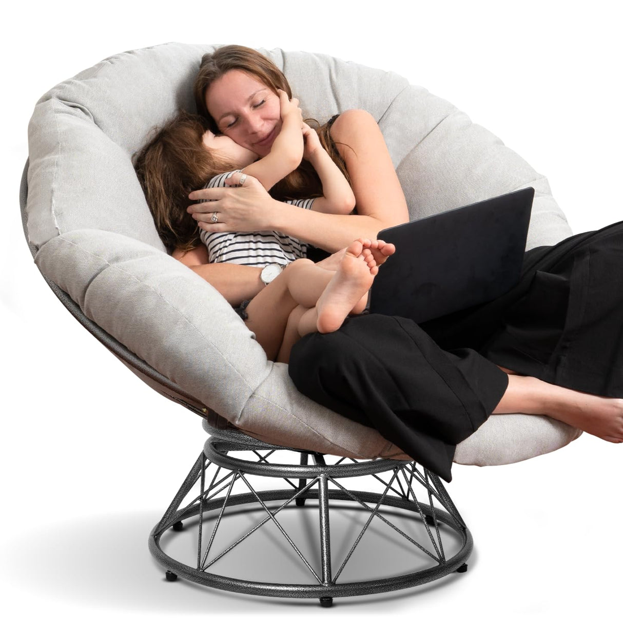 CraftVie Premium Oversized Papasan Chair with Cushion and Frame β 48'' Extra-Thick Cushion (7'' + Exclusive 1.75'' Support Pad), Supports 450 lbs β 360Β° Swivel Bedroom Chair, or Reading Chair CraftVie