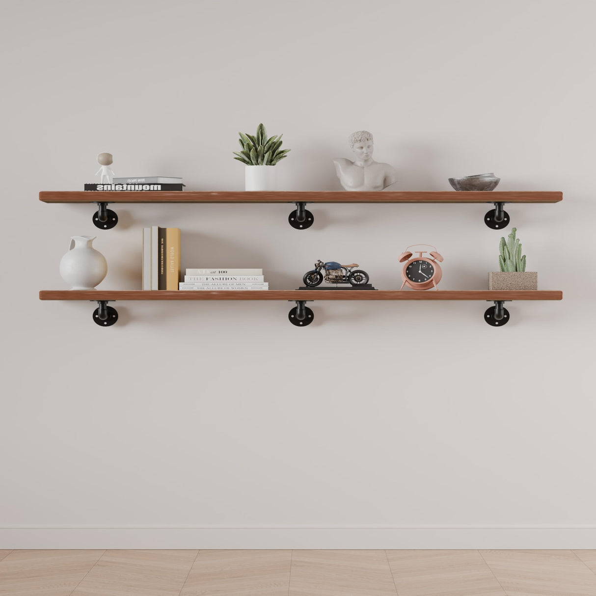 Industrial Pipe Shelving Shelf, Wall Shelves Wood Shelf:Kitchen Shelves, 60 Inches Wood Long Floating Shelves for Wall Farmhouse Pipe Book Shelves Dark Brown for Decor and Bar Shelving IEO