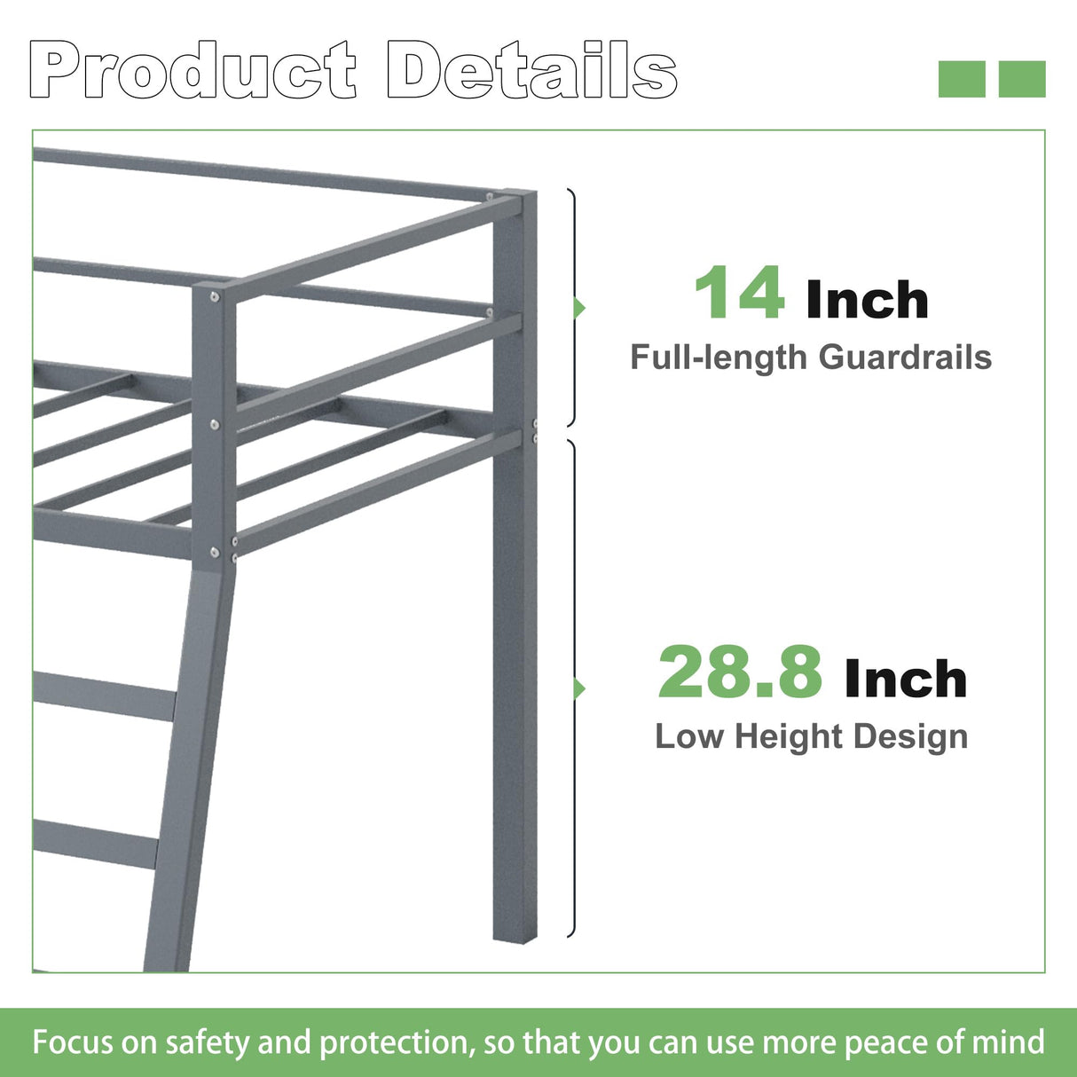 Lutown-Teen Low Metal Twin Loft Bed with Ladder and Guardrail for Kids or Teens, Space Saving Loft Bed Twin Size for Small Bedroom, Grey Lutown-Teen