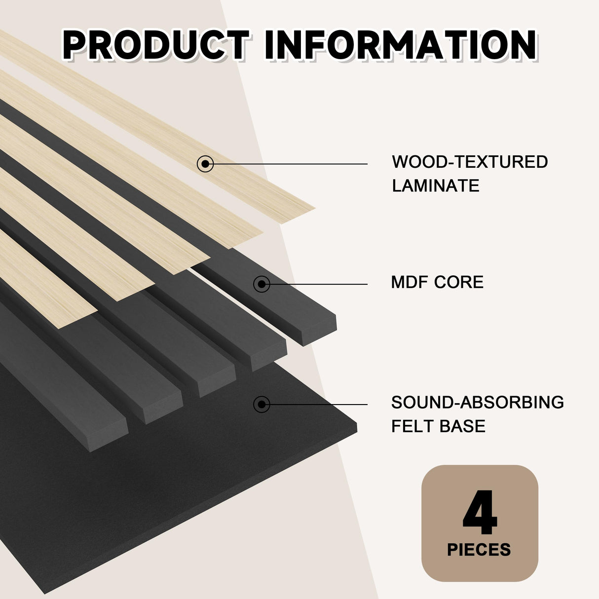POHARE 4 Pack Wood Slat Wall Wood Paneling,95 x 8 in Soundpoof Wooden Engineered Wood Slat Wall Panels,Stylish Acoustic Wall Panels for Interior Wall Decor with Felt Backing,Natural POHARE