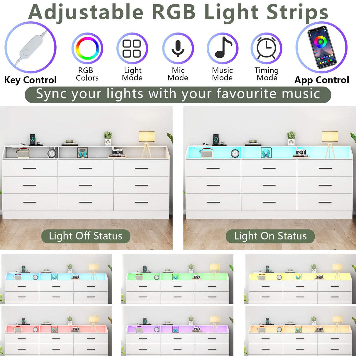 Gyfimoie 9 Drawers Dresser for Bedroom with Power Outlet, Chest of Drawers with LED Light, Modern Dressers with Open Storage Cubby, Triple Wide Dressers Organizer for Living Room (White) Gyfimoie