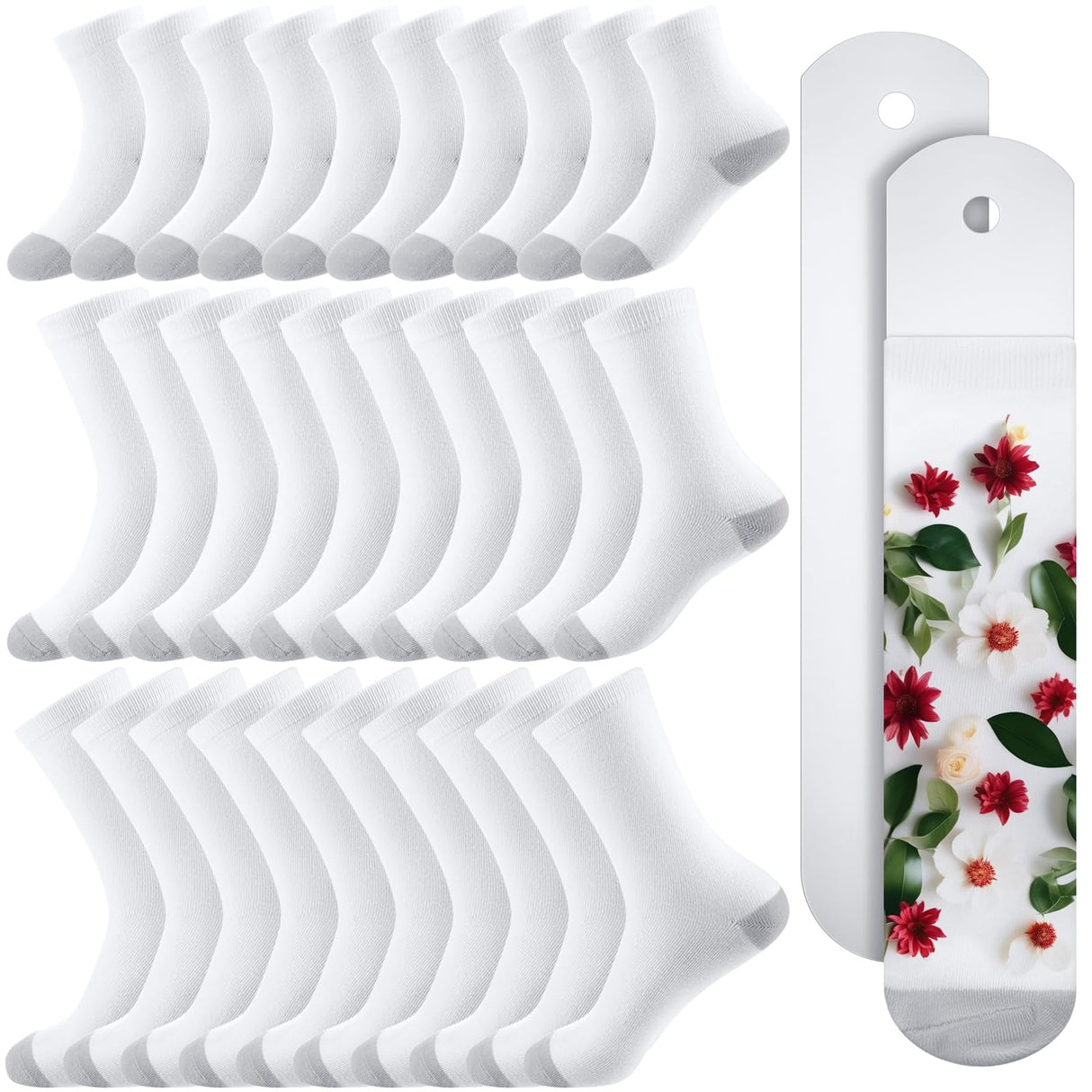 Toulite 15 Pairs White Sublimation Socks Blanks Polyester Socks Heat Transfer Socks 2 Pcs Metal Sublimation Sock Jig, 3 Sizes(Gray Sole) Toulite