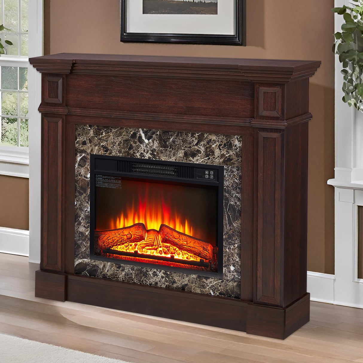 46" Large Electric Fireplace with Mantel, 40" H Tall Fireplace TV Stand, Freestanding Electric Fireplace Heater with Adjustable Flame, Remote Control Fire Place Mantel for Living Room (Walnut) PUTESTEVE