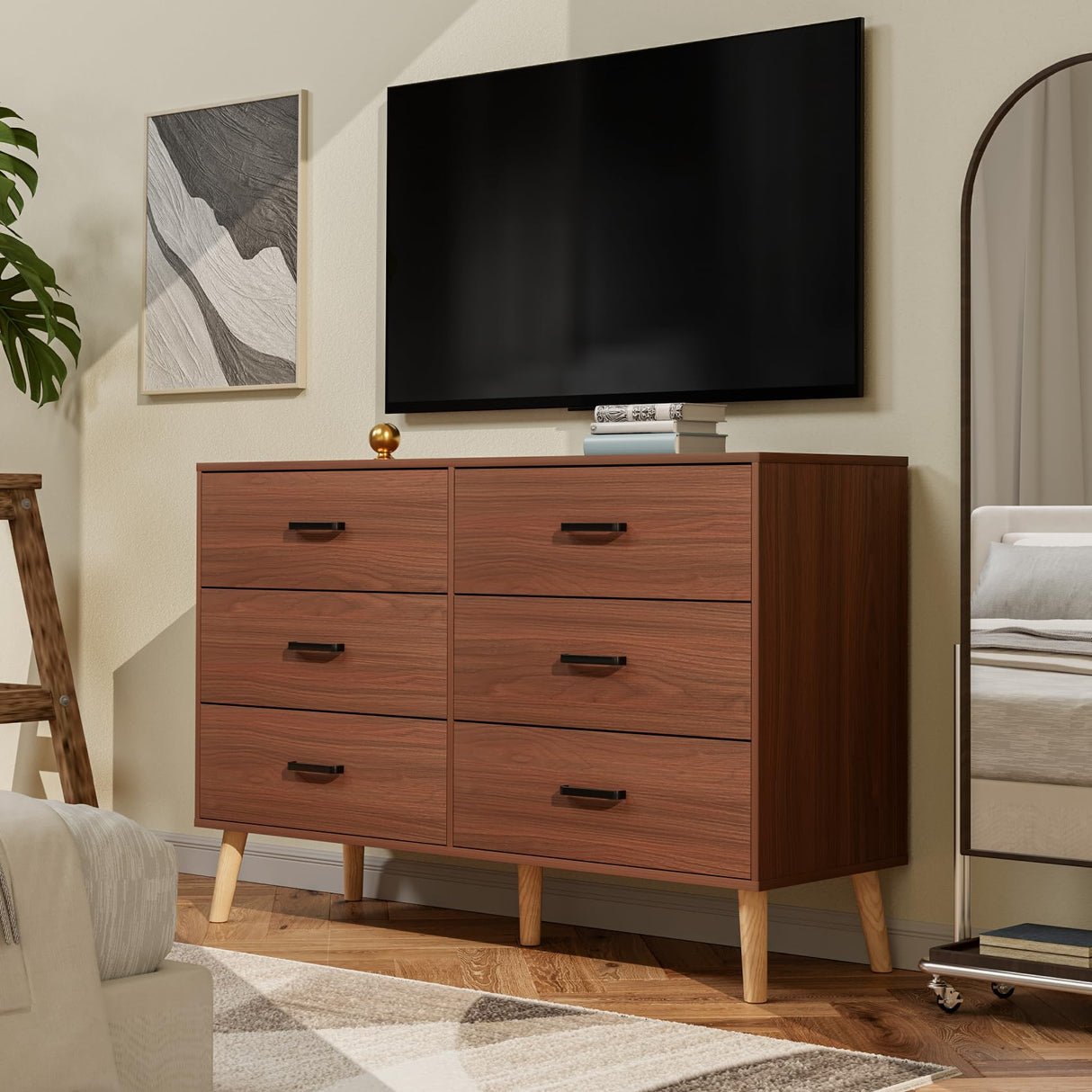 Bigbiglife Wood Dresser for Bedroom with 6 Drawer Mid Century Modern Dresser Double Chest of Drawer (Walnut Brown) Bigbiglife