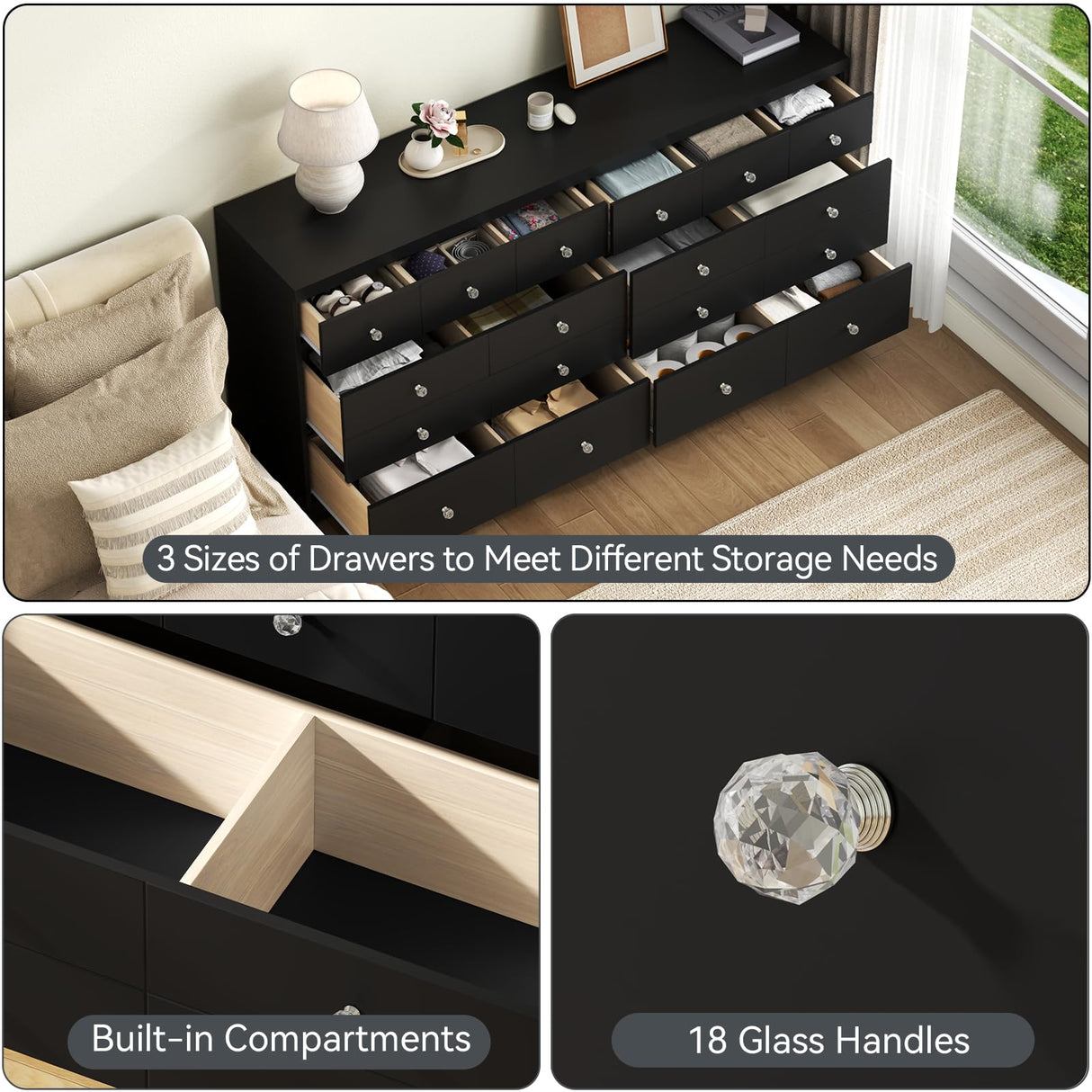 63'' Long Dresser for Bedroom, Double Wide Dresser 6 Drawer Dresser with 14 Organized Compartments, Modern Black Wood Dresser 6 Drawer with Glass Handles, Extra Large Chest of Drawers for Bedroom Gyfimoie