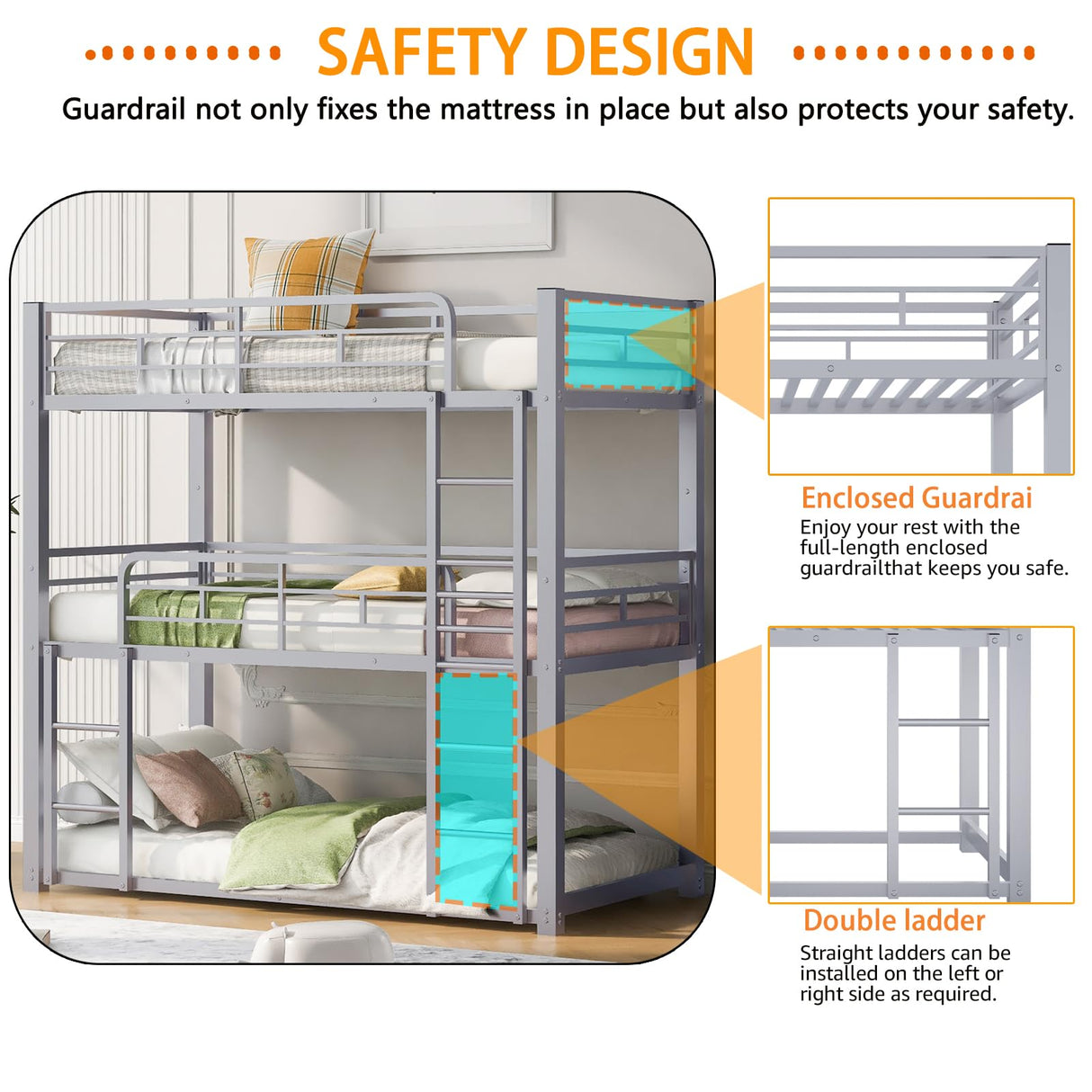 Bunk Beds, Metal Bunk Bed, Triple Bunk Bed for Kids,Teens, Adults, Girls, Boys, Detachable BunkBed Can Be Divided into 3 Twin Beds,No Box Spring Need (Silver) Anwick