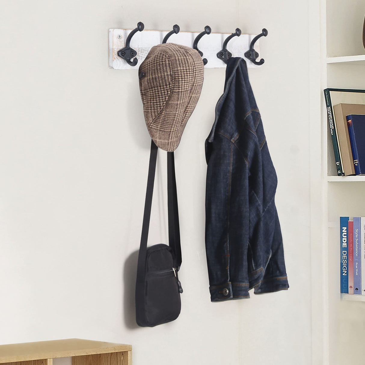 WEBI Rustic Coat Rack Wall Mount,5 Cast Iron Hooks,Coat Hooks Wall Mounted,Heavy Duty Antique Vintage Hooks for Hanging Coats,Jacket,Clothes,Black on White WEBI