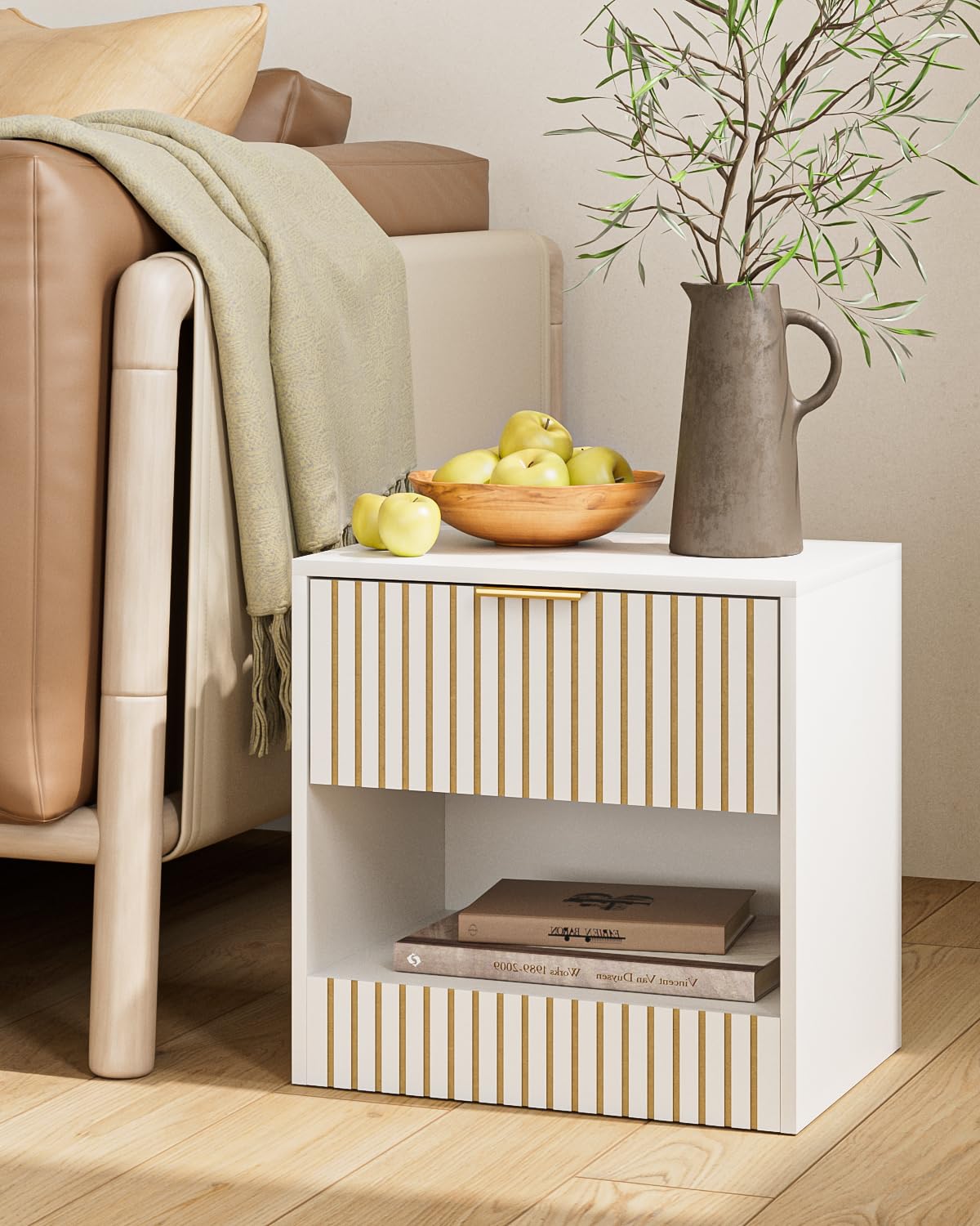 Masupu Small Night Stand Modern Bedside Table NightStand Farmhouse Boho Wooden Bedside Table with Drawer,Side End Table for Bedroom,Living Room,Office White Masupu