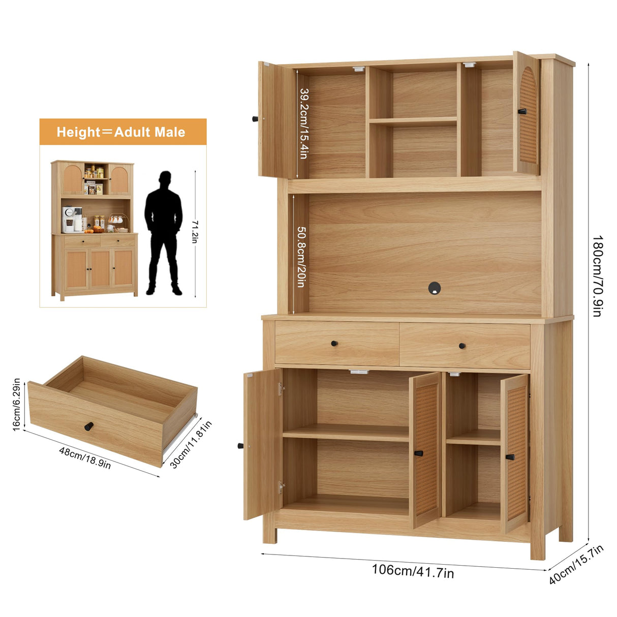 finetones 71" Tall Kitchen Pantry Cabinet, Kitchen Cabinet Hutch Cabinet with Rattan Doors and Microwave Stand, Rattan Kitchen Hutch Food Pantry Cabinet with Drawers & Shelves for Kitchen, Walnut finetones