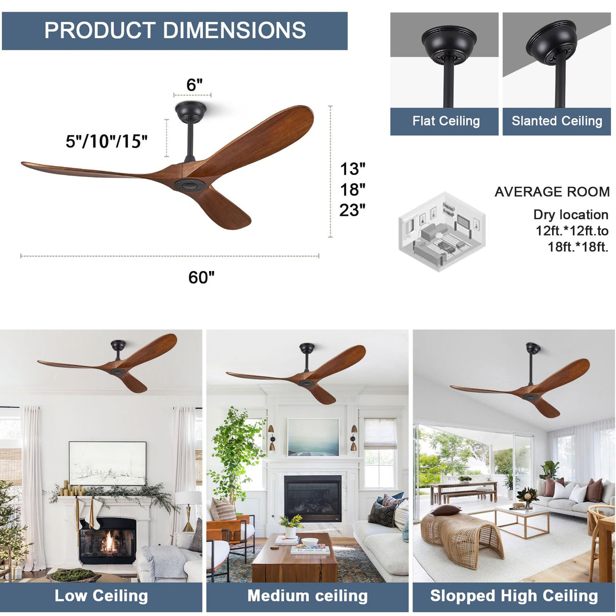 ABZ 60" Ceiling Fans Without Lights, 60 Inch Outdoor Ceiling Fans no Light, 3 Blade Solid Wood Ceiling Fan with Remote Control for Patios Living Room Bedroom Porch ABZ