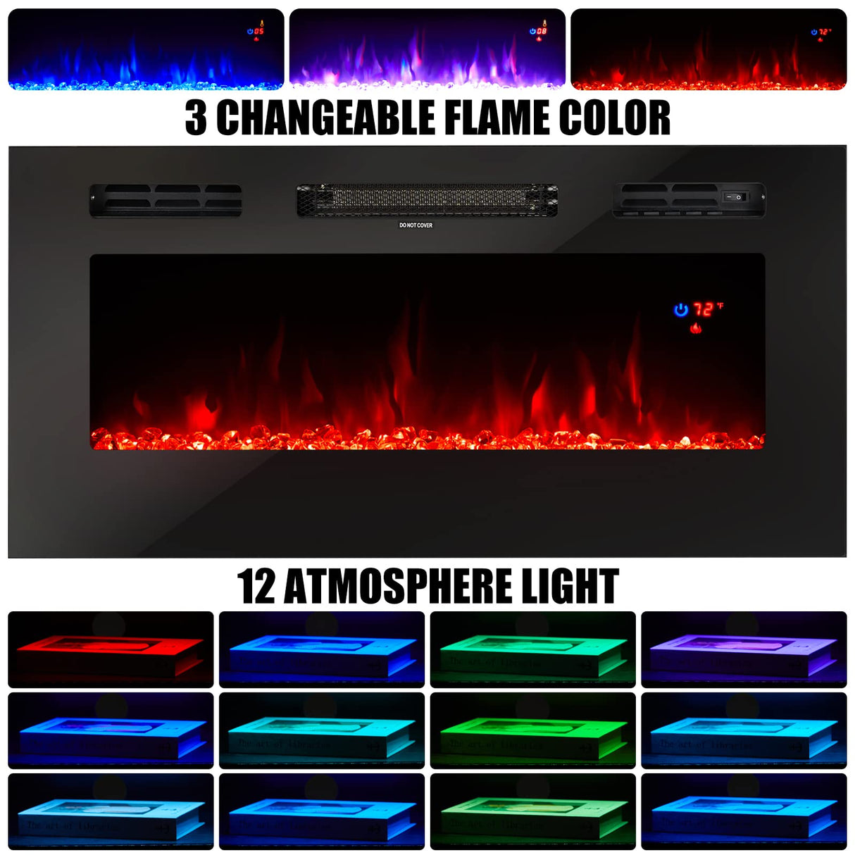 AMERLIFE Fireplace TV Stand with 36" Electric Fireplace, LED Light Entertainment Center, Modern Wood Texture Entertainment Stand with Highlight Storage Cabinet for TVs Up to 80", 70 inches, Black AMERLIFE