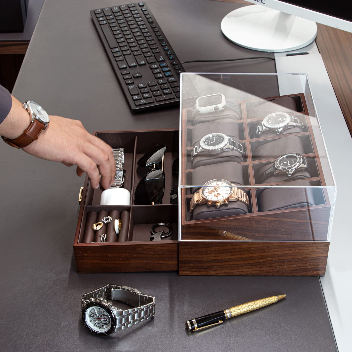 KAMIER Watch Box for Men, 10 Slots Mens Watch Case with Glass Lid, Watch Display Case With Drawer, 2-Layer Watch Holder Organizer, Jewelry and Watch Storage for Men Women, Walnut KAMIER