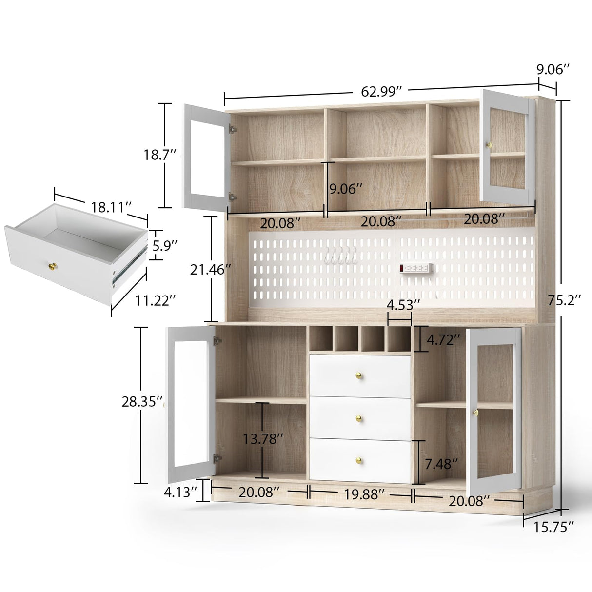 VOWNER Pantry Cabinet, Kitchen Storage Cabinet, Freestanding Buffet Hutch with Pegboard, Cup Holder, Power Outlet, 4 Doors & 3 Drawers, Cupboard with Microwave Shelf & Wine Racks (White and Oak Color) VOWNER