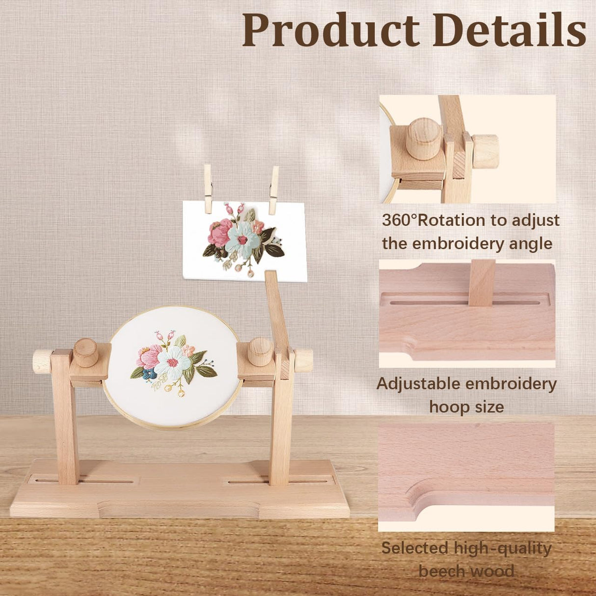 Adjustable Embroidery Hoop Stand,Embroidery Kit with 4pcs Different Size Embroidery Hoops,1 Embroidery Tool Kit,1 Pair of Thimbles,Wooden Embroidery Hoop Holder for Beginners. WodGod