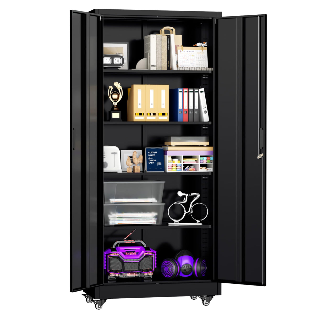 Superday Garage Storage Cabinet with Wheels,73" H Metal Storage Cabinet with Doors and Adjustable Shelves, Lockable Steel Utility Tool Cabinets for Garage, Home Office, Kitchen(Black) Superday