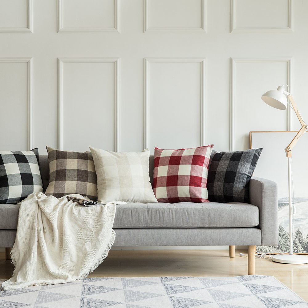 MIULEE Pack of 2 Christmas Classic Farmhouse Buffalo Check Plaids Linen Soft Soild Decorative Square Porch Throw Pillow Covers Home Decor Cushion Case for Sofa Bedroom 18x18 Inch, White and Red MIULEE
