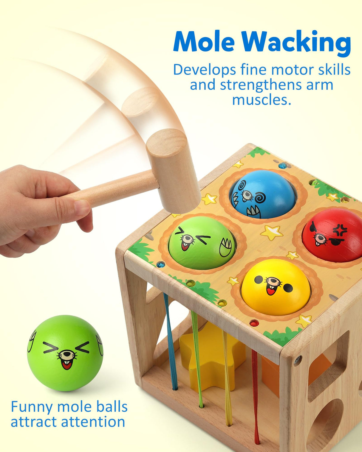 Coogam Wooden Montessori Toys for Toddlers, Shape Sorting Cube Whack Mole Fine Motor Skills Game for Year Old 18 Month+ Baby Boys Girls Gift Coogam