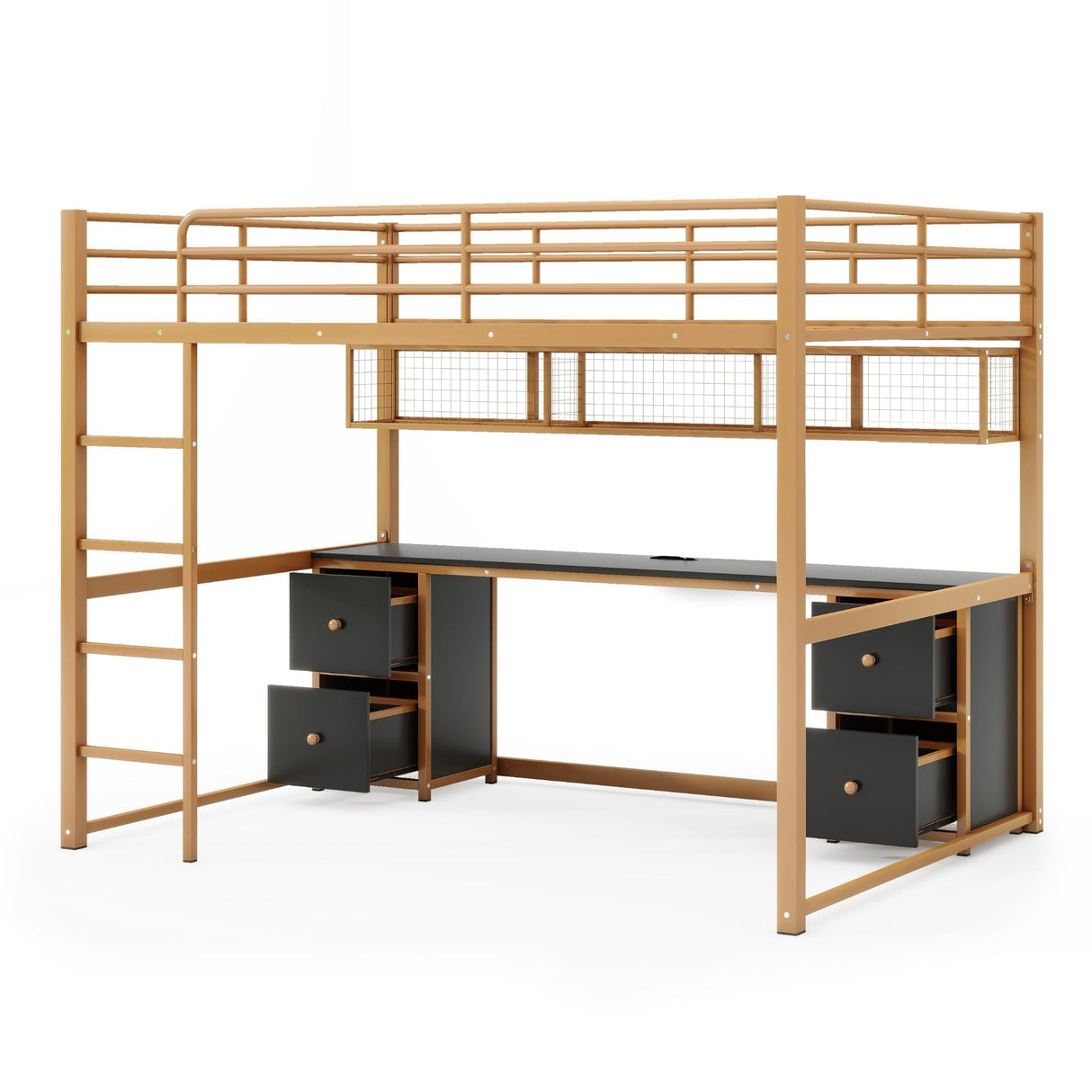 Full Size Loft Bed with Desk and Storage Drawers, Metal Loft Bed with Bookcase and Charging Station, Full Size Loft Bed Frame with Guardrail, Full Loft Bed for Kids, Gold Black Loft Bed Full Bellemave
