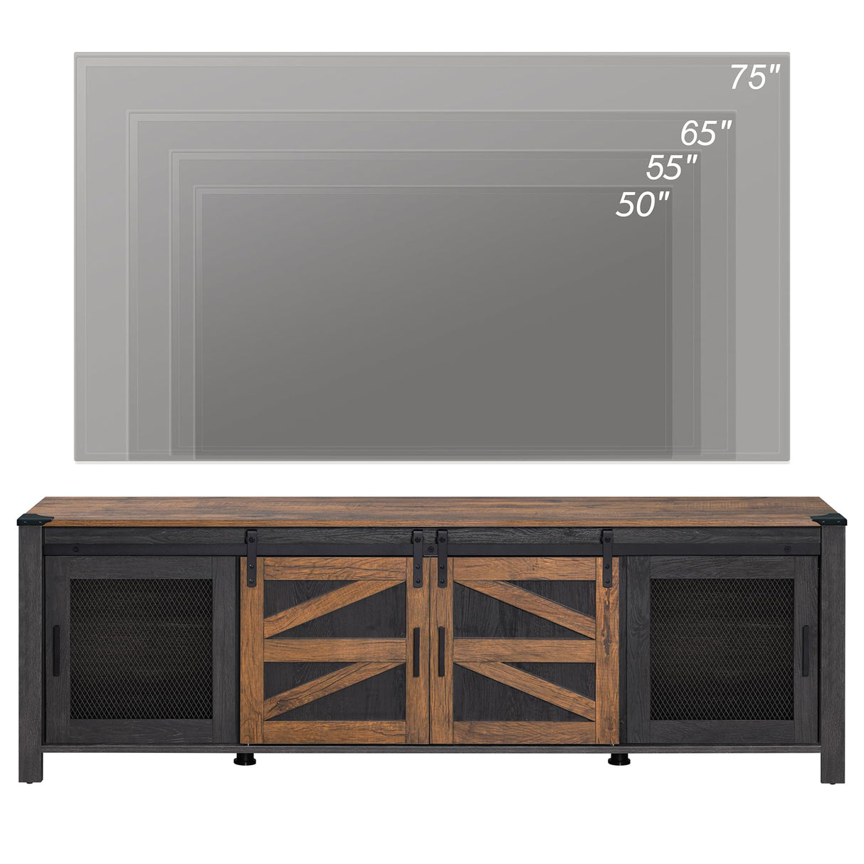 Wampat 70" Farmhouse TV Stand with Mesh Doors, Entertainment Center for 75" TV, Adjustable Shelves, 2 Storage Cabinets, Console Table for Living Room, Antique Brown & Black WAMPAT