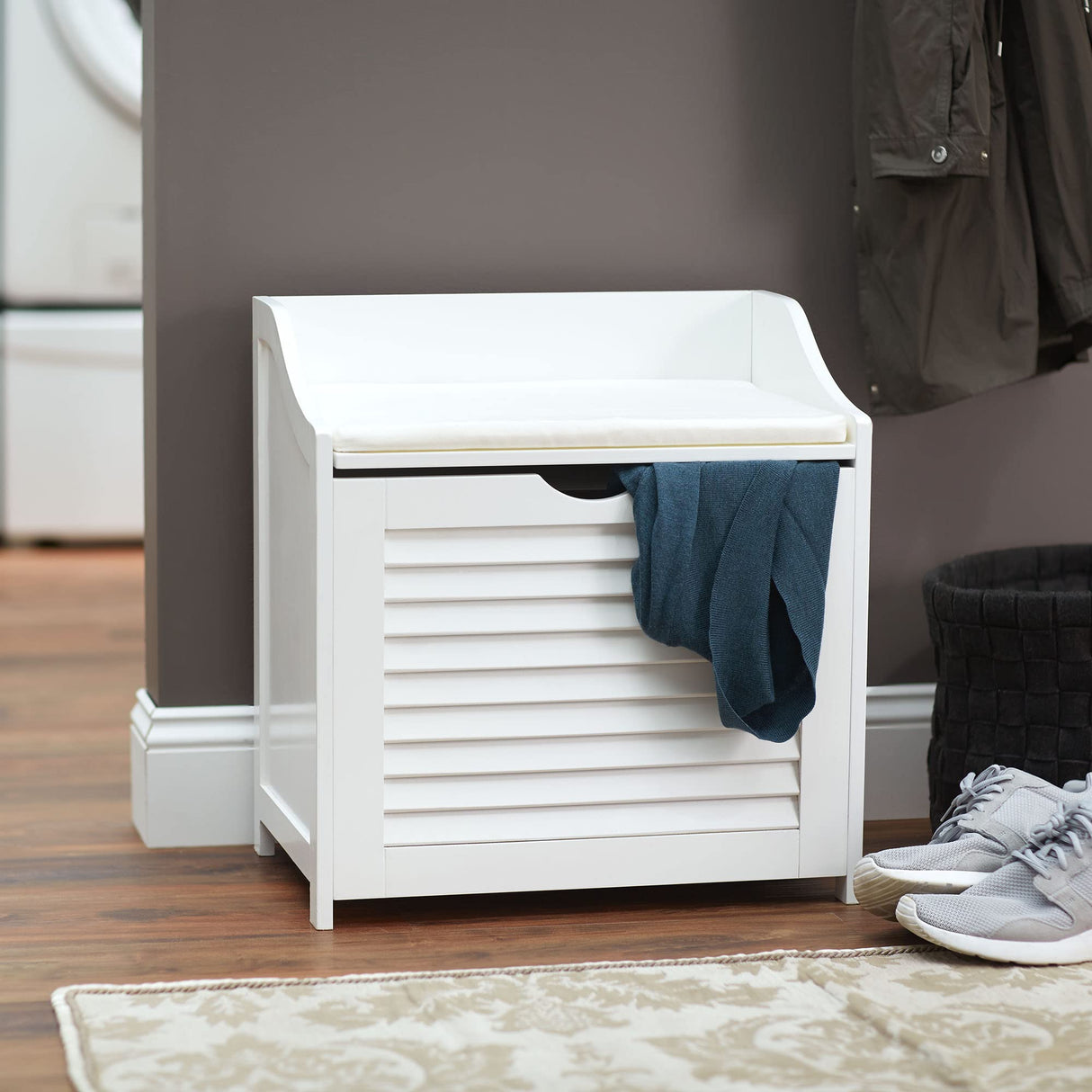 Household Essentials Single Load Hamper Cabinet Seat, White Household Essentials
