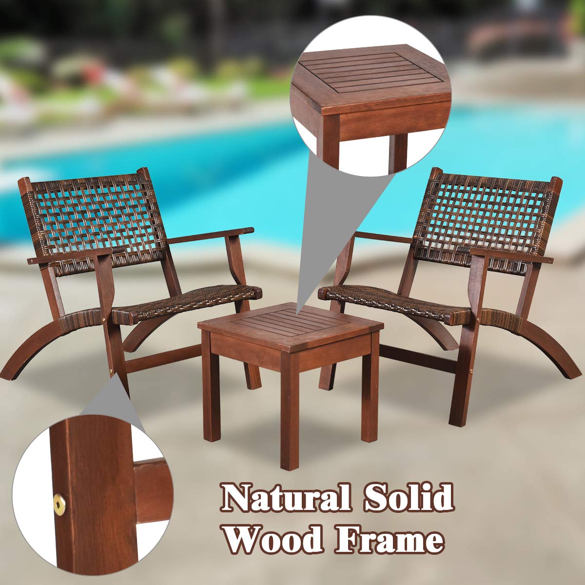 Tangkula 3 PCS Patio Conversation Set, Solid Eucalyptus Wood Frame Outdoor Wicker Furniture Set Bistro Set with Coffee Table, Rattan Furniture Set for Backyard Porch Garden Poolside Balcony (Brown) Tangkula