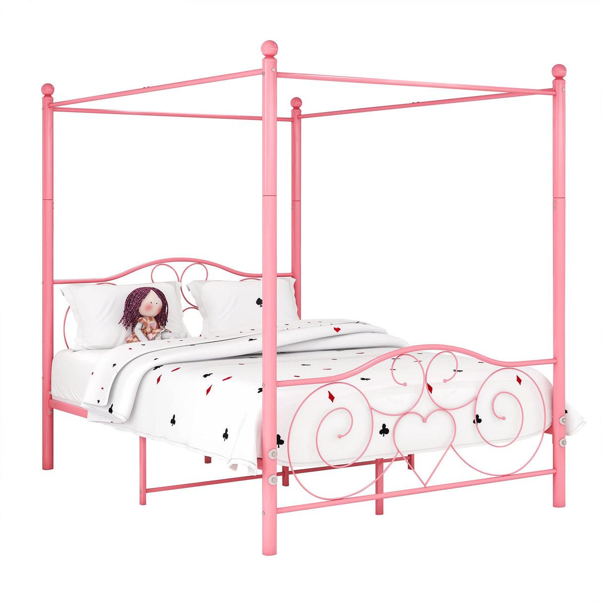 Albearing Canopy Bed Frame Platform Metal Bed Frame Heavy Duty Steel Slat and Support with Headboard and Footboard No Box Spring Required (Queen, Pink) Albearing