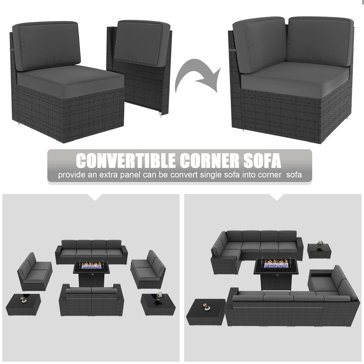 LayinSun 13 Pieces Outdoor Patio Furniture Set with 44" Fire Pit Table Brown Rattan Sectional Sofa Conversation Sets LayinSun