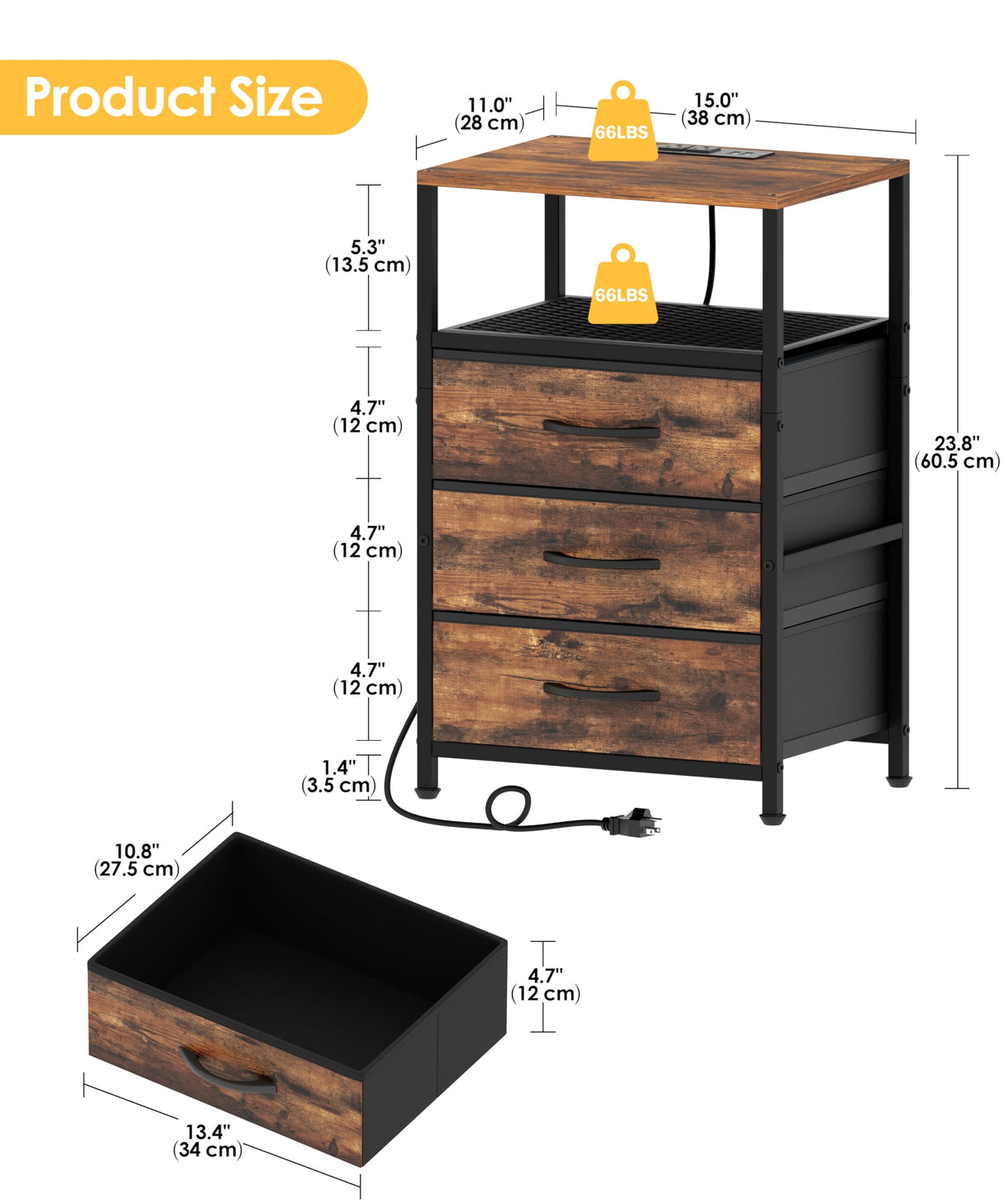 Akxomel Night Stand with Charging Station, 11" D x 15" W Nightstand with LED Light, Bedside Table with Fabric Drawers, Side Table with Open Shelf for Bedroom, Rustic Brown Akxomel