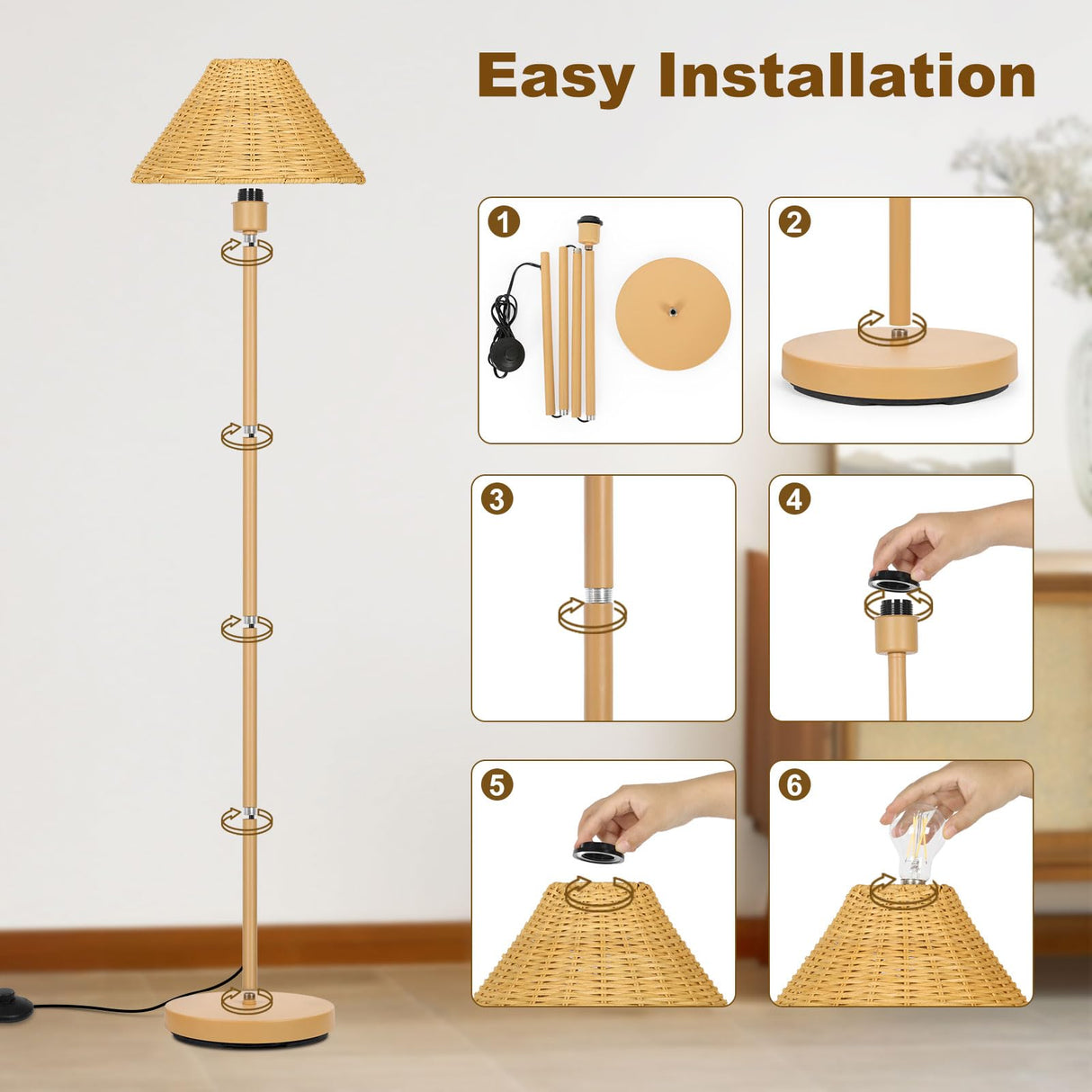 Boho Floor Lamps for Living Room, Rattan Floor Lamp with Woven Wicker Lampshade, 62 inches Mid Century Modern Standing Light, Farmhouse Rustic Coastal Lamp for Bedroom Office Corner, Easy Foot Switch Boncoo