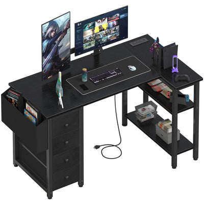 Lufeiya L Shaped Gaming Desk with Drawers & Storage Shelves, 47 Inch Corner Computer Desk with Power Outlet for Home Office Bedroom, L-Shaped Teen PC Desks with Fabric Drawer, Black