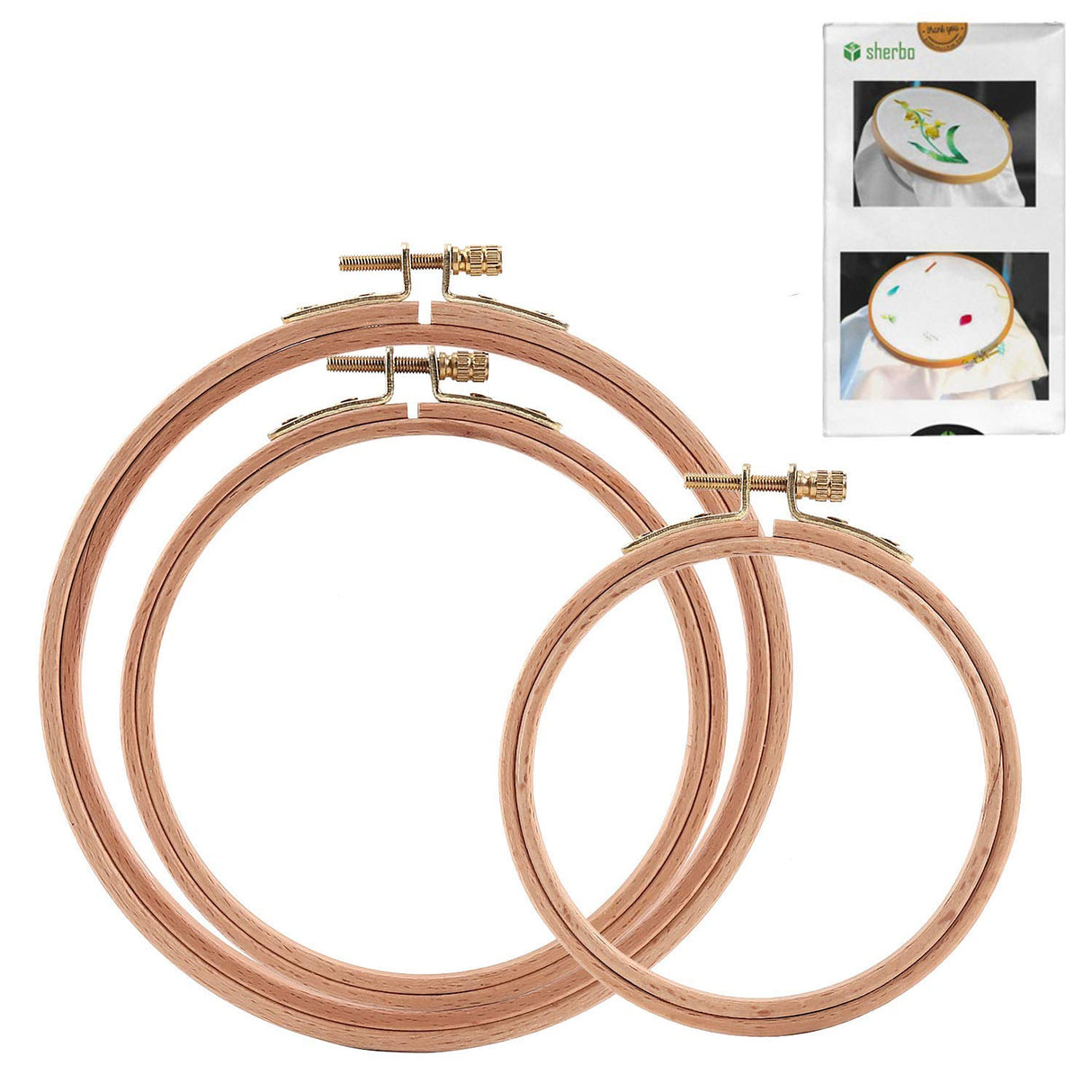 Sherbo 3 Pieces Beech Wood Embroidery Hoops Set by 4 Inch to 6 Inch Circle Hoop Ring Cross Stitch Cotton for DIY Embroidery Floss Starter of Sewing Art Kits Crafts S SHERBO