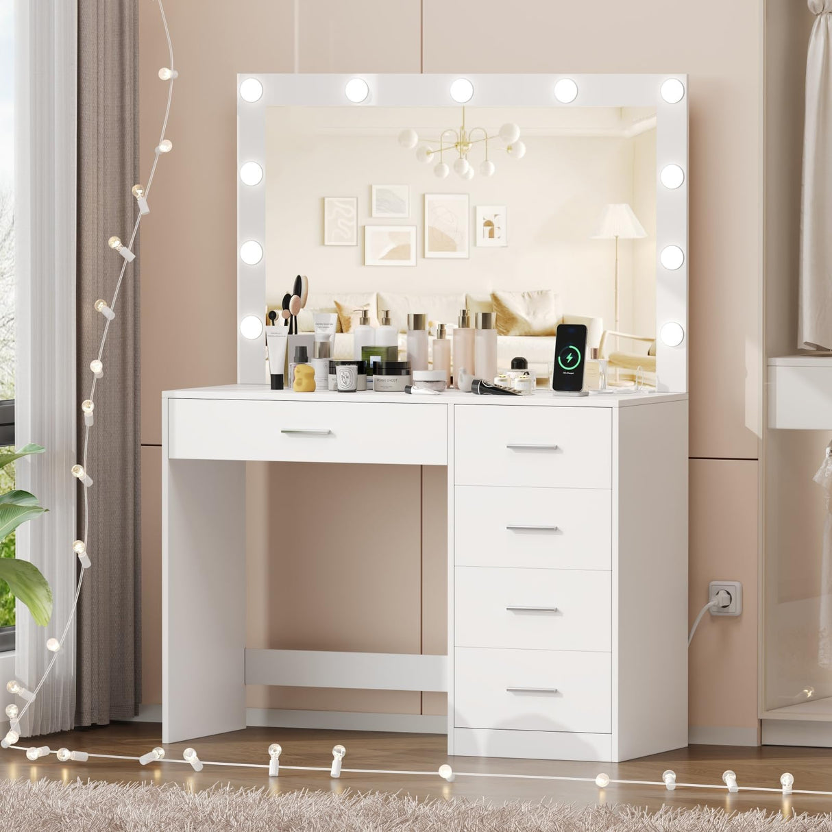 Irontar Vanity Desk with Charging Station, Makeup Table with Large Mirror, Makeup Vanity with Lights, Brightness Adjustable, Dressing Table Desk with 5 Drawers, Bedroom Vanity Table, White WDT010W Irontar