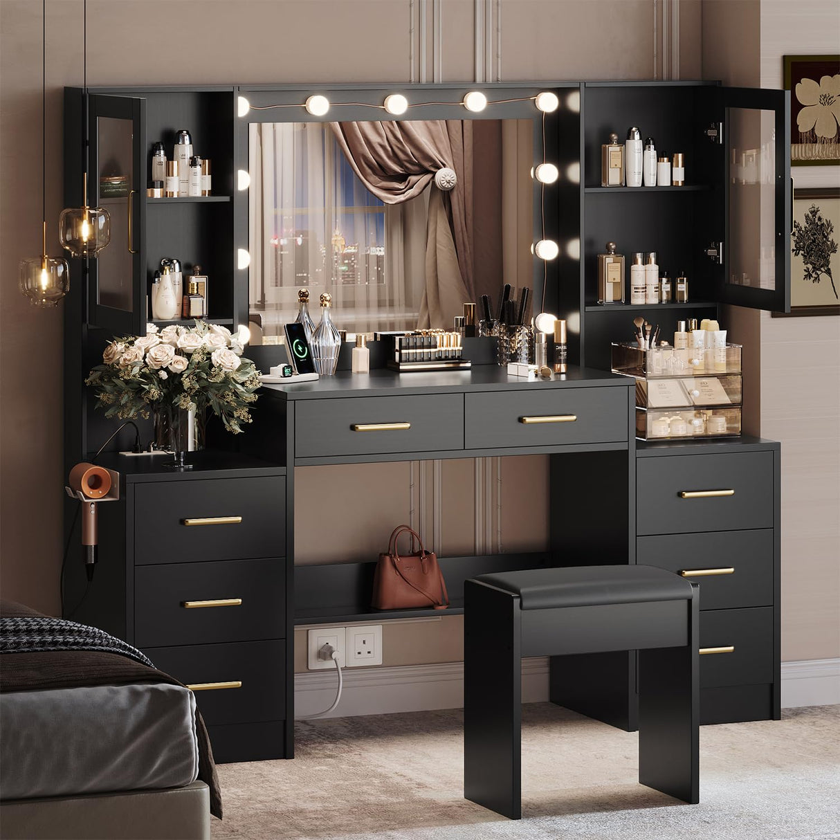 TOKSOM Black Vanity Desk with Mirror, Lights & Charging Station, 58.3" 3 Lighting Modes Makeup Desk with 8 Drawers, 2 Cabinets and Lots Storage, Dressing Table Vanity Set with Lighted Mirror TOKSOM