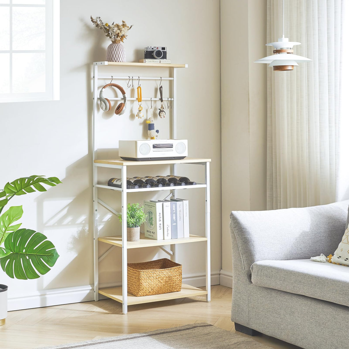 YMYNY Kitchen Baker's Rack, Microwave Oven Stand with Storage Shelves, Wine Holders, S-Hooks, Adjustable, Metal Frame, Natural Color UHBR001R YMYNY