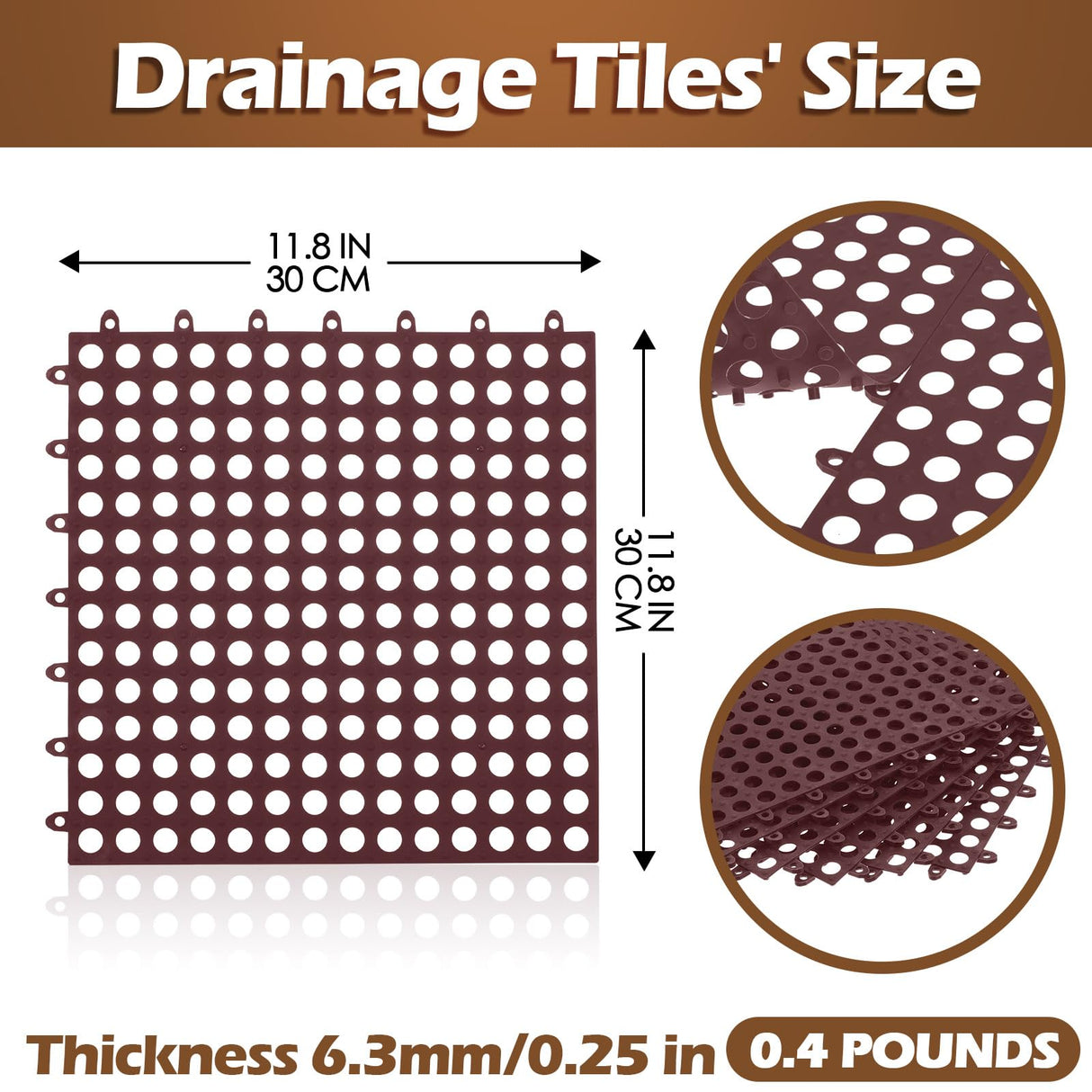 Tinideya 50 Pcs Drainage Interlocking Tiles Dry Deck Tiles 11.8'' X 11.8'' Interlocking Floor Tiles with Drain Holes, Non Slip TPE Soft Drainage Mats Modular Pool Floor Mat for Bathroom Patio (Brown) Tinideya