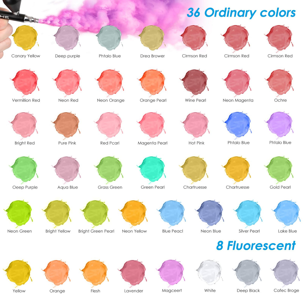 Airbrush Paint - 44 Colors with 4 Thinner Airbrush Paint Set 1fl oz, Leather & Shoe Air Brush Paint Kit Water Based for Artists Beginners Hobbyist rhinowisdom