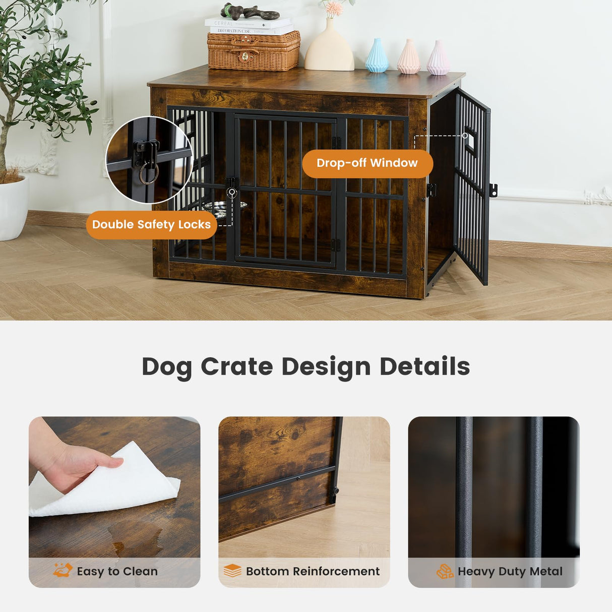 Gardner Pet Dog Crate Furniture for Medium Dogs, 32.7 Inch Dog Kennel Indoor, Wooden Dog Cage End Table with 2 Removable Bowls, Heavy Duty Dog Crate, Rustic Brown Gardner Pet