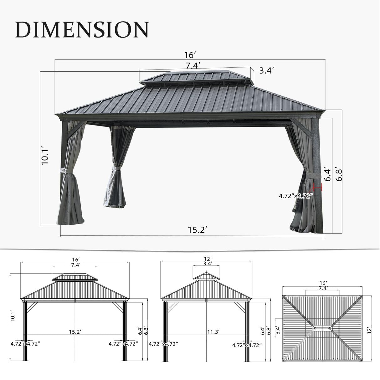 Domi 12'x16' Hardtop Gazebo Canopy,Outdoor Aluminum Gazebo with Galvanized Steel Double Roof,Permanent Gazebo with Drainage System,Curtain and Netting Included,Grey domi outdoor living