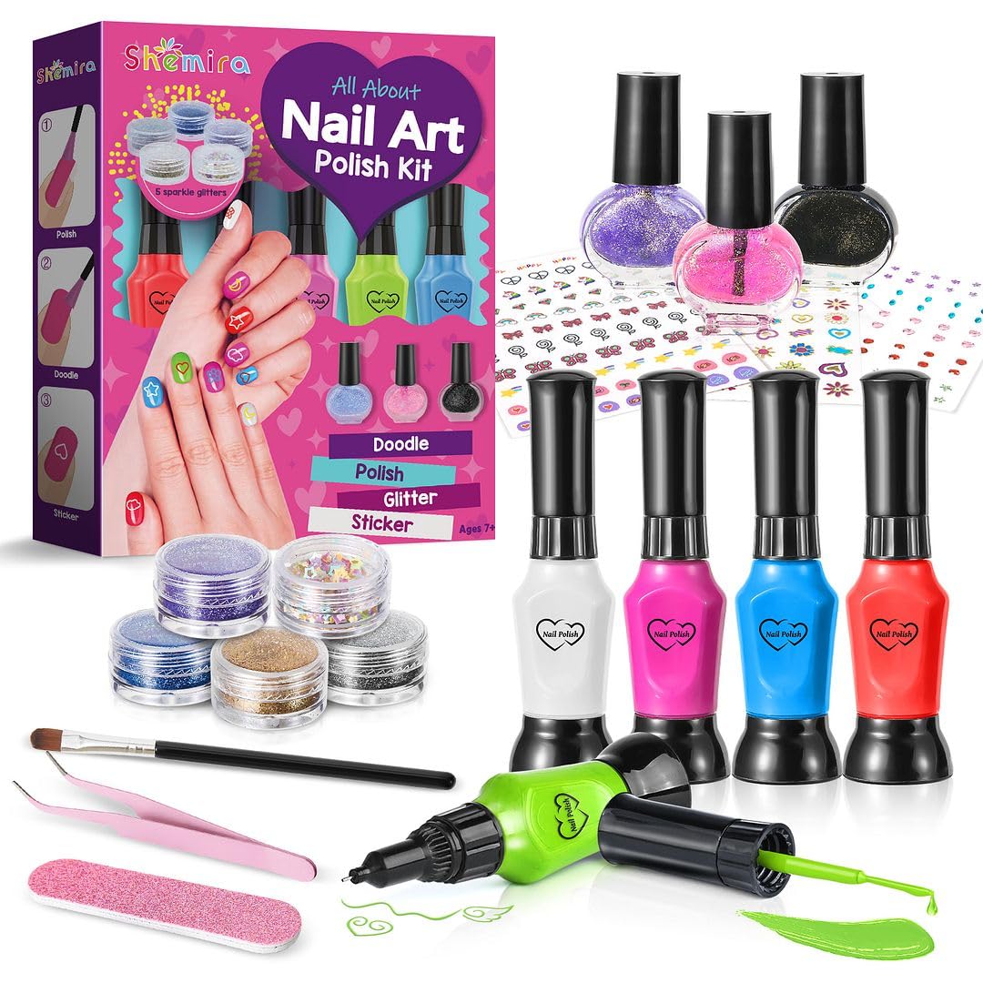 Shemira Nail Art Kit for Girls, Nail Polish Kit for Kids Ages 7-12 Years Old, Ideal Birthday Gift for Girls 7 8 9 10 11 12 Years Old, Nail Polish GIft Set for Teens Shemira