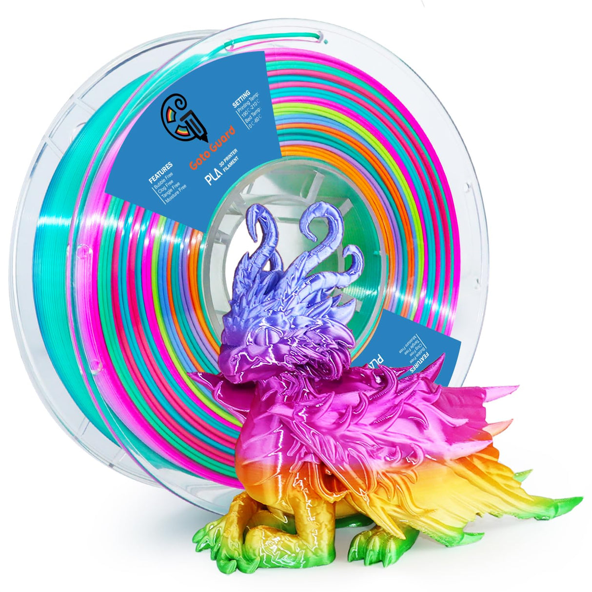 Goto Guard Silk Rainbow PLA Filament, Silk PLA Multicolor Filament Color Changing with Green Blue Purple Pink Yellow PLA, 3D Printing Filament 1.75mm 3D Filament 1kg Goto Guard