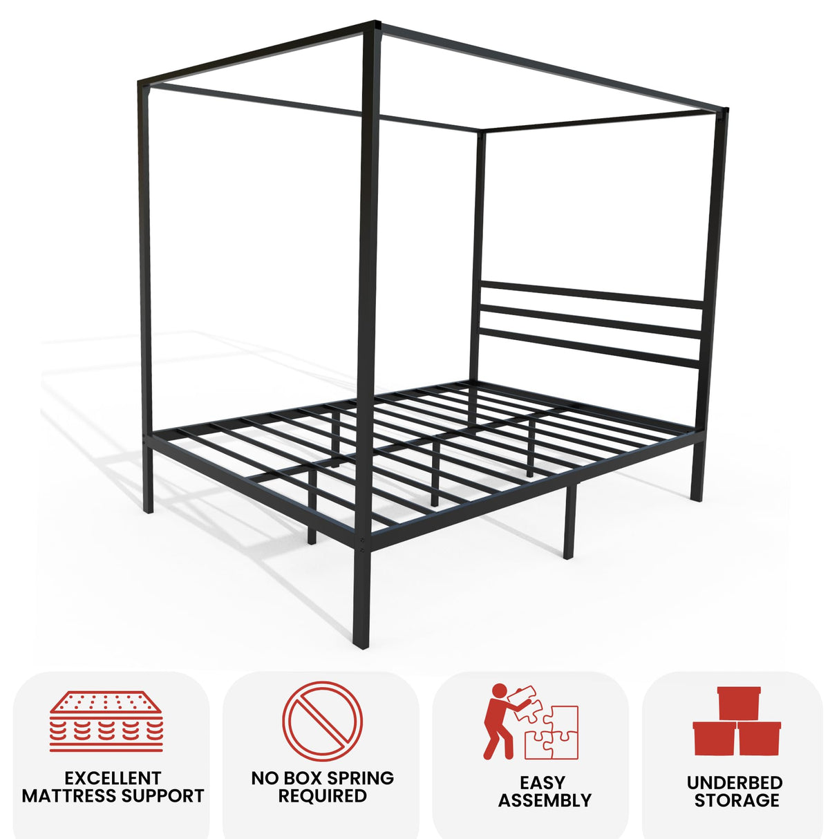 AMBEE21 Golden Gate Beds Canopy Metal Bed Frame with Headboard – Wrought Iron Platform Design, Sturdy Slatted Base, No Box Spring Needed, Underbed Storage Space – Full, Black AMBEE21
