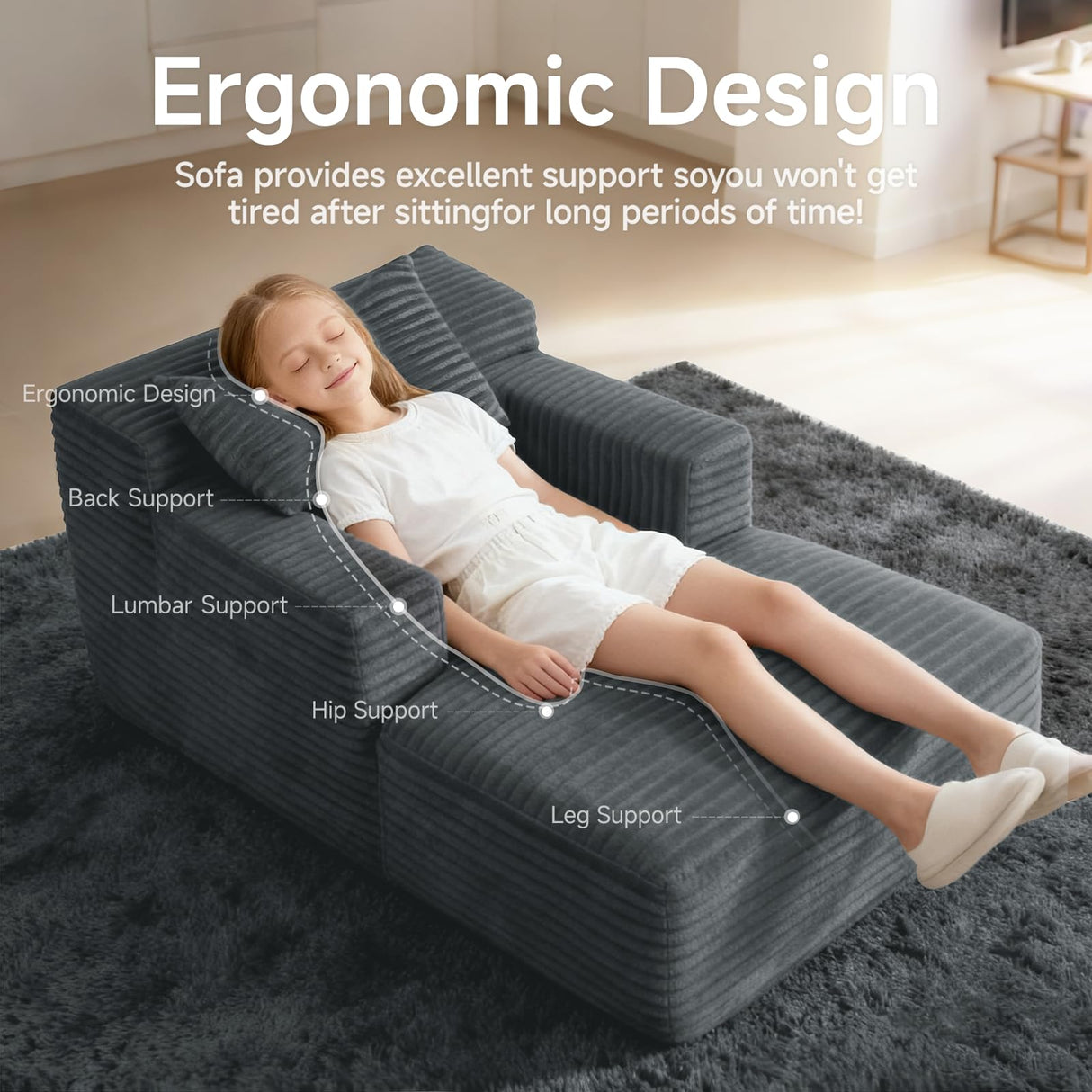 45'' Chaise Lounge Chair Indoor, Corduroy Upholstered Boneless Sofa Bed, Deep Seat Sleeper Couch Reading Chairs, Small Comfy Cloud Sofas Couches for Living Room, Bedroom, Movie Room (Dark Grey) Sonovafurn