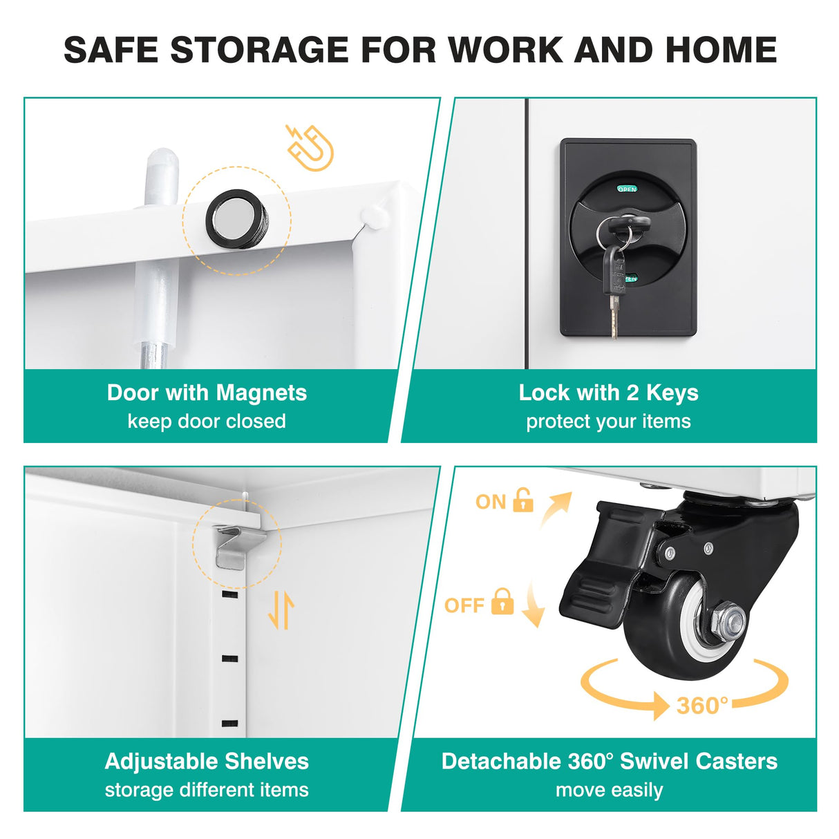 SISESOL Metal Storage Cabinet with Wheels,75 inch Rolling Garage Storage Cabinet with Lock,White Metal Cabinets with Wheels and Shelves,Tool Cabinets on Roller for Garage,Home,Office,Shop SISESOL