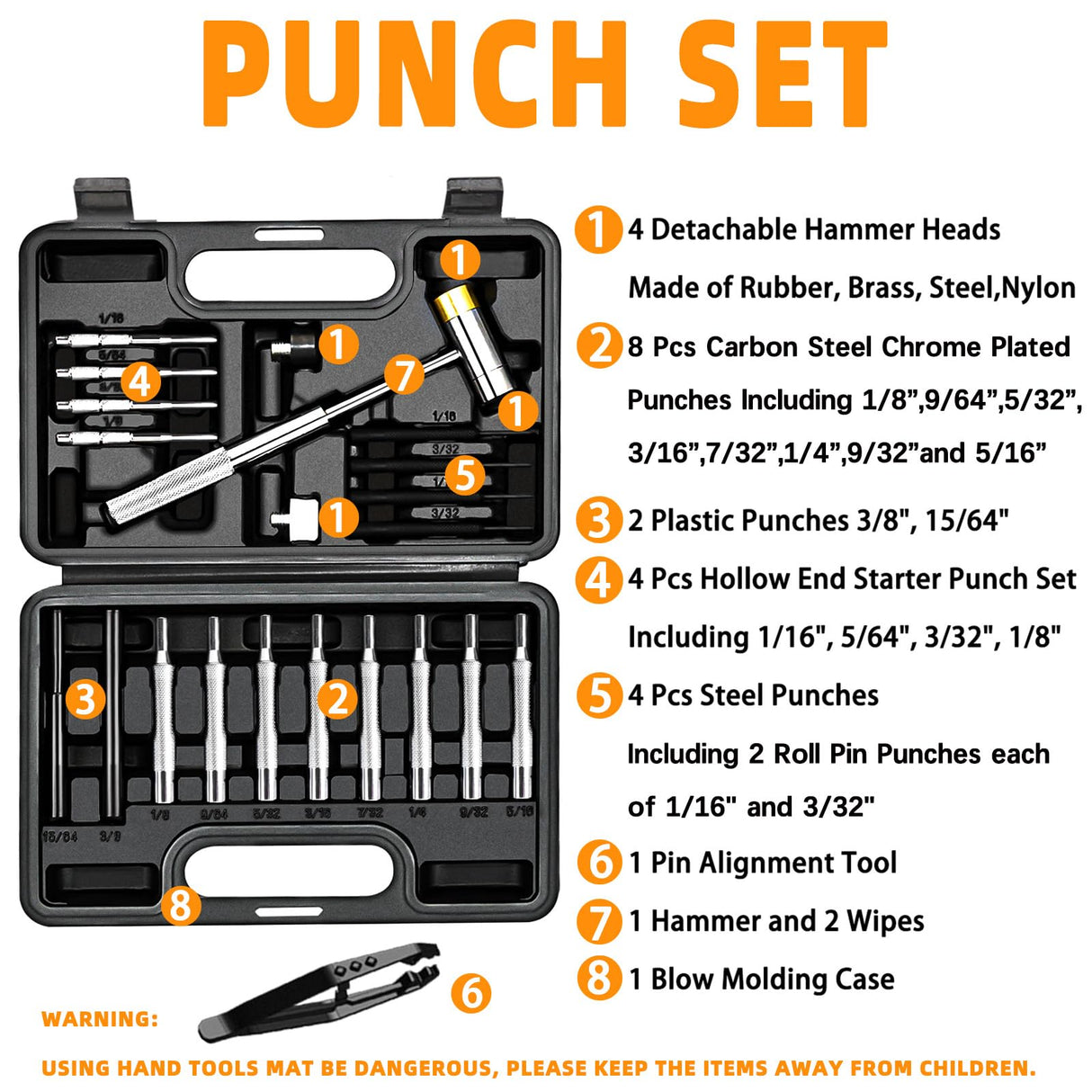 BESTNULE Punch Set, Pin Punches, Punch Tool, Roll Pin Punch Set, Made of High Quality Metal Material Including Punches and Hammer, Mechanical Repair Tool, with Organizer Storage Box (with Bench Block) BESTNULE